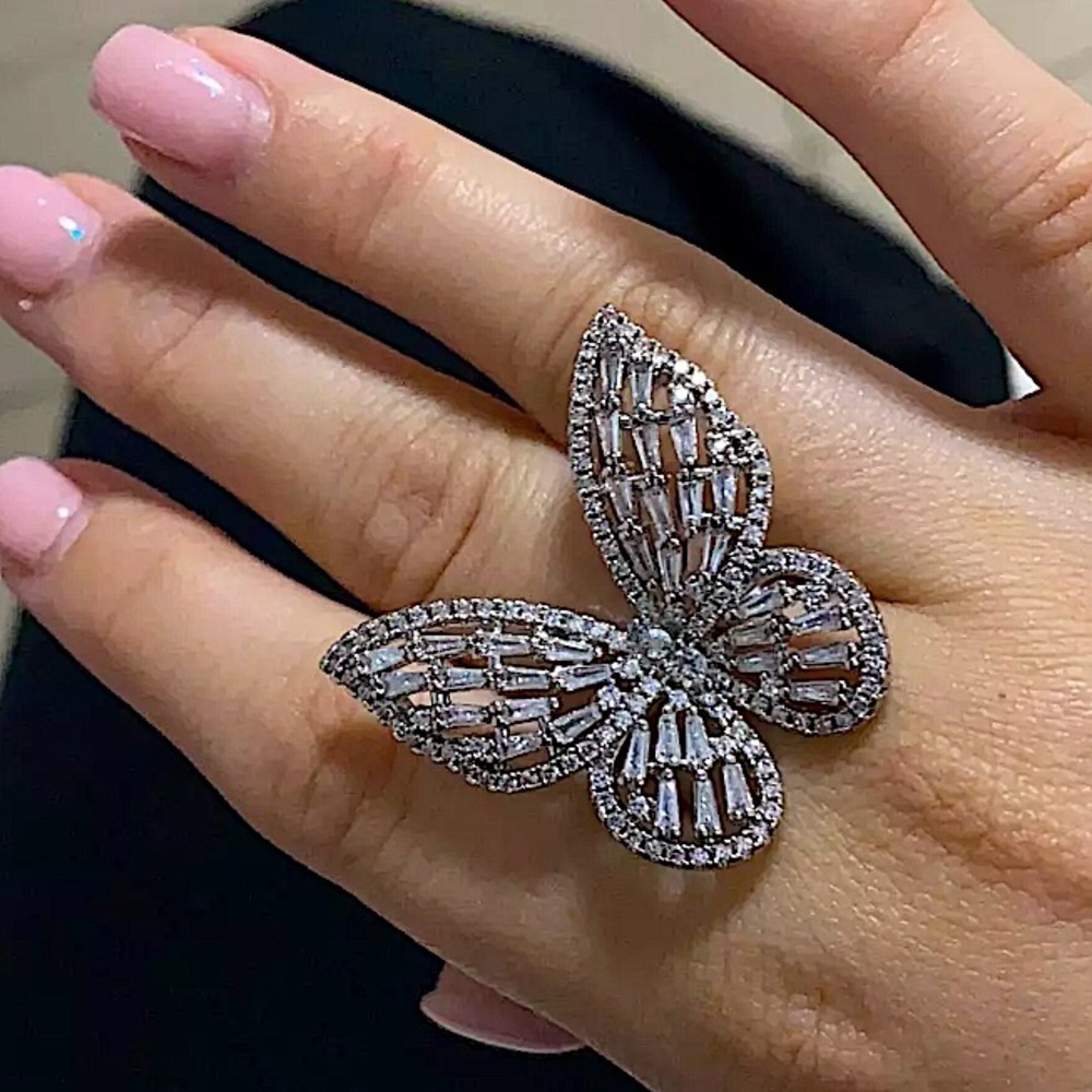 WHITE GOLD PLATED ZIRCON BUTTERFLY RING - Picture 16 of 16